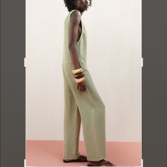 Zara  Linen Sage Green Jumpsuit Bib Overalls - Picture 5 of 15